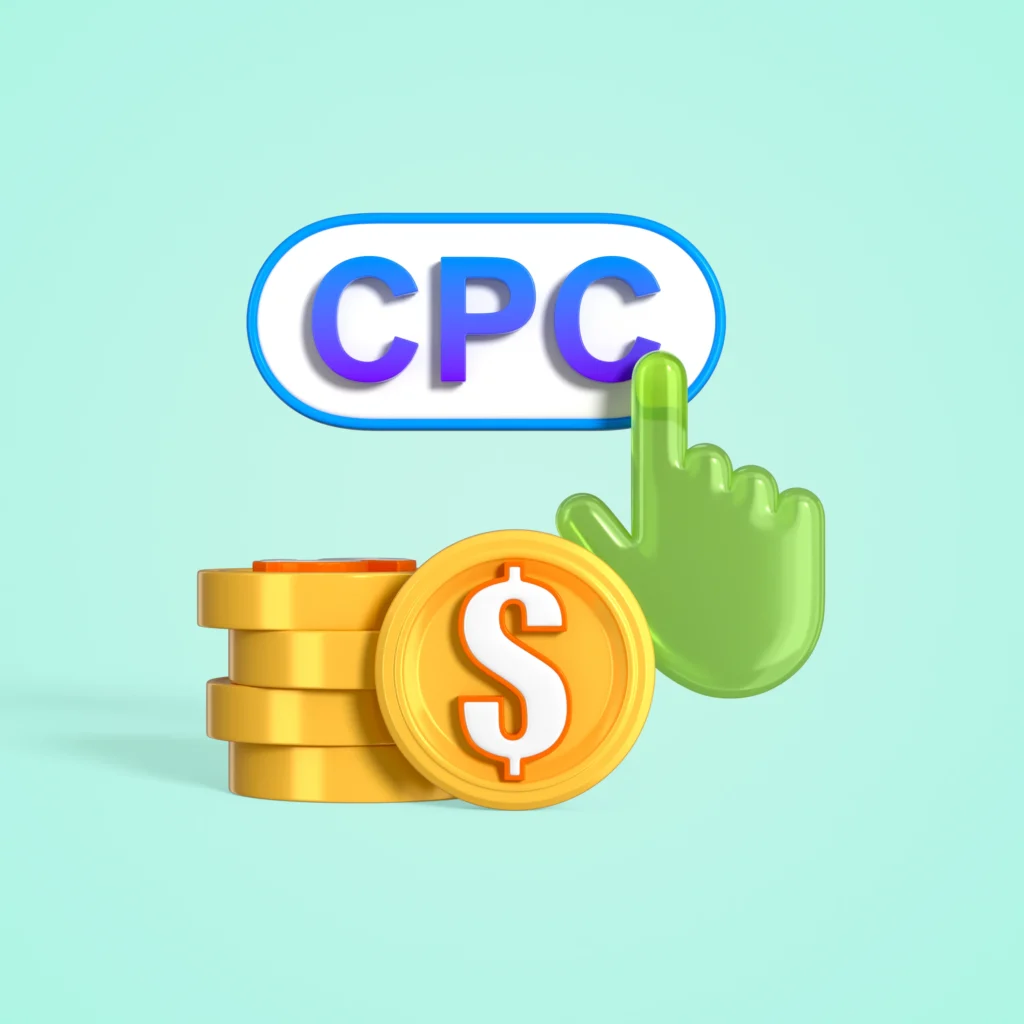 Representación 3D del botón de coste por clic (CPC) y monedas, uno de los factores clave de los que depende el ranking de Google Ads