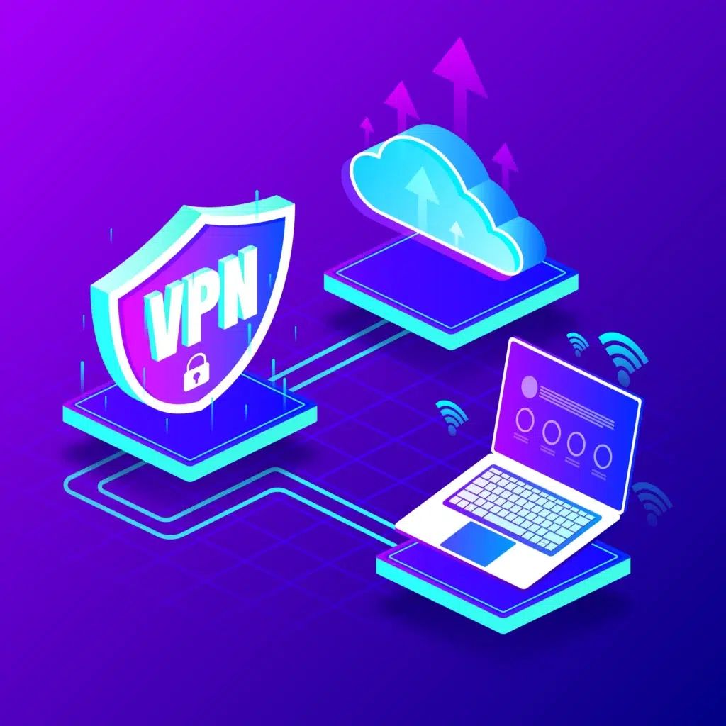 Esquema tridimensional de una red VPN, cuya mala configuración suele ser la respuesta a por qué no puedo acceder a una página web.